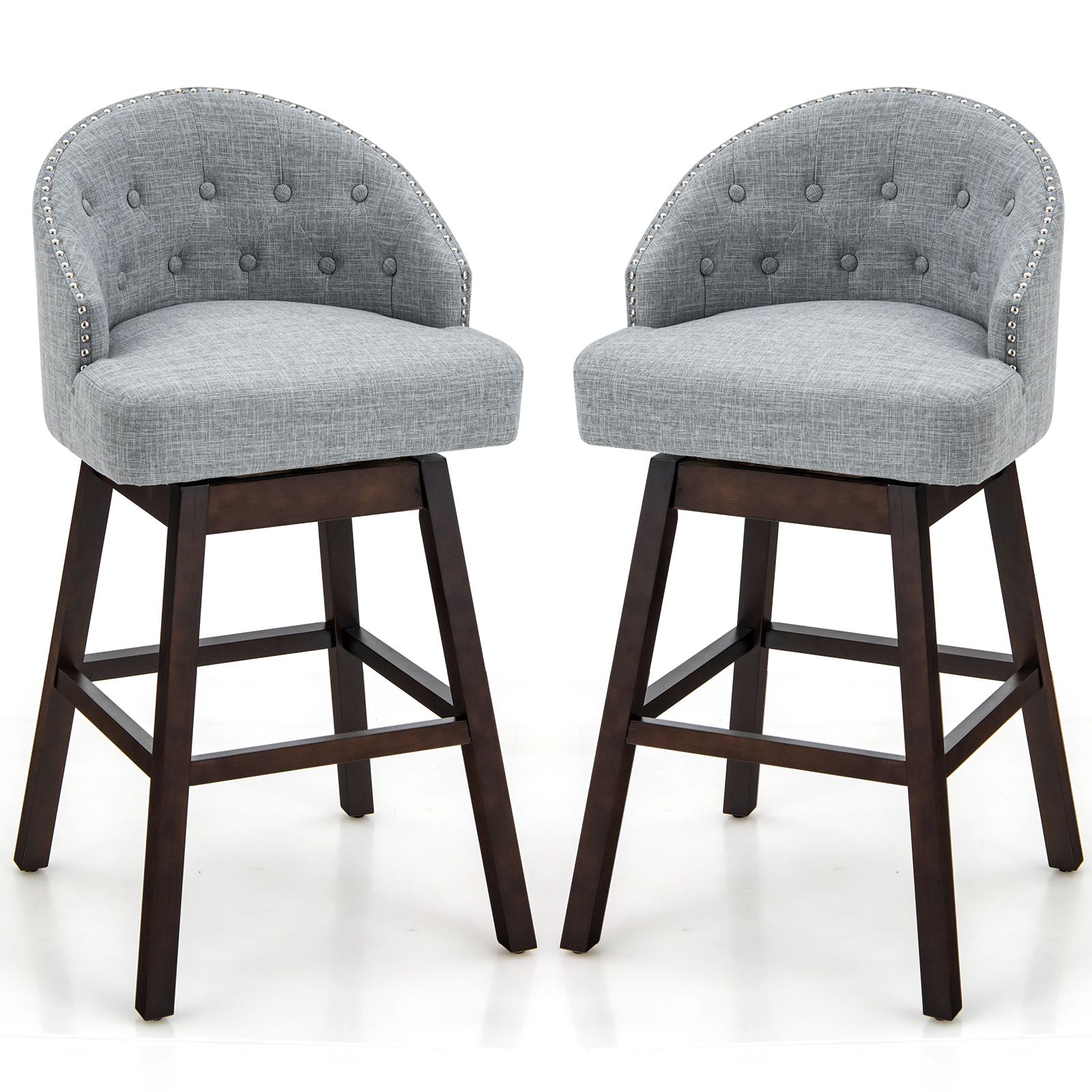 Swivel Bar Stools with Rubber Wood Legs and Padded Back Grey